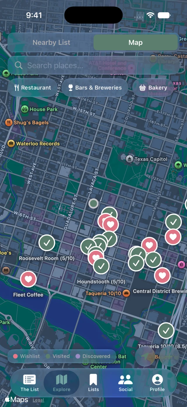 Explore map showing wishlisted and visited places around downtown Austin