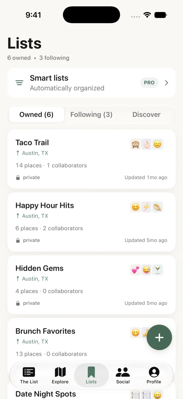 Curated lists including Taco Trail, Happy Hour Hits, and Hidden Gems