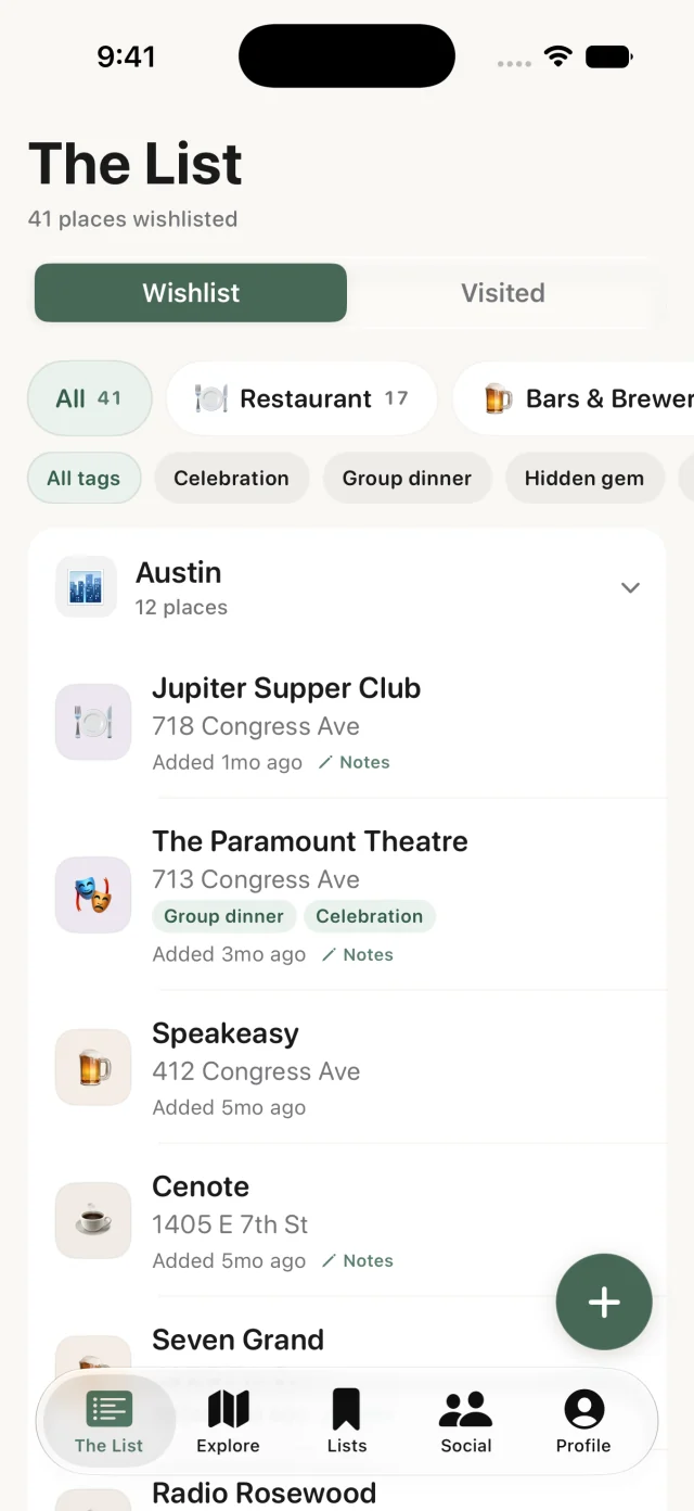 The List wishlist, with saved places in Austin organized by category and tags